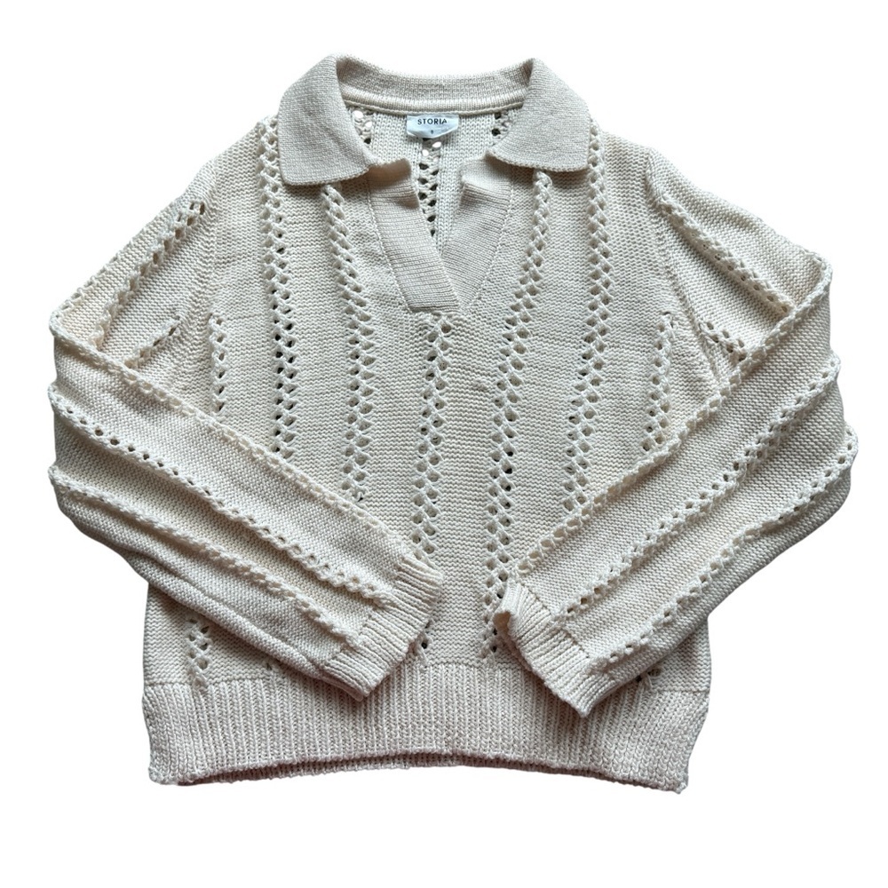Storia Cream Collared Open Knit Sweater S Cottagecore Prep Coastal Grandma Knit